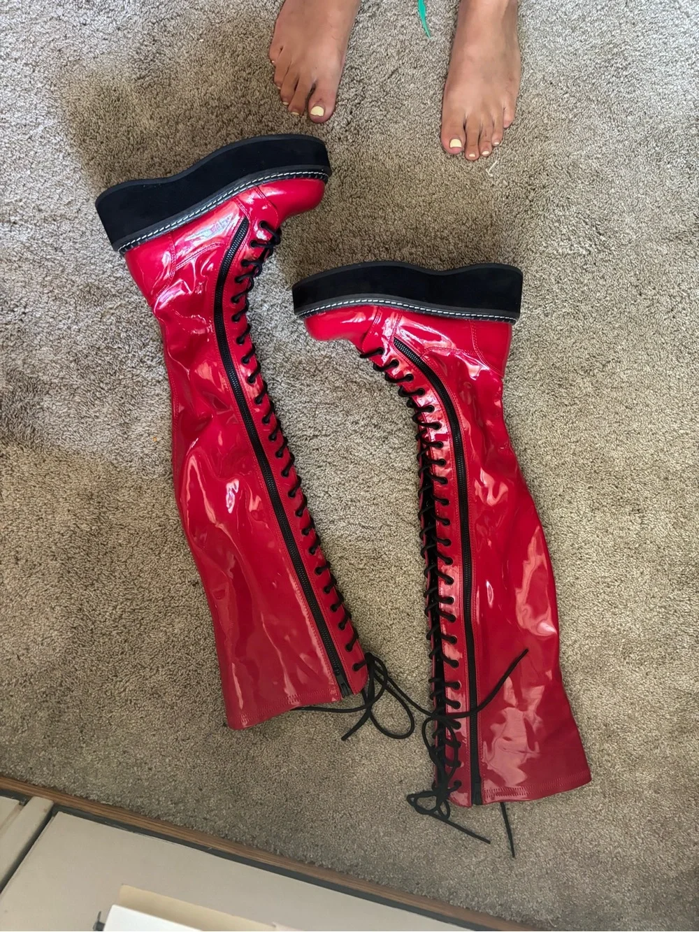 Platform Demonia Red Patent Over-the-Knee Lace-Up Boots